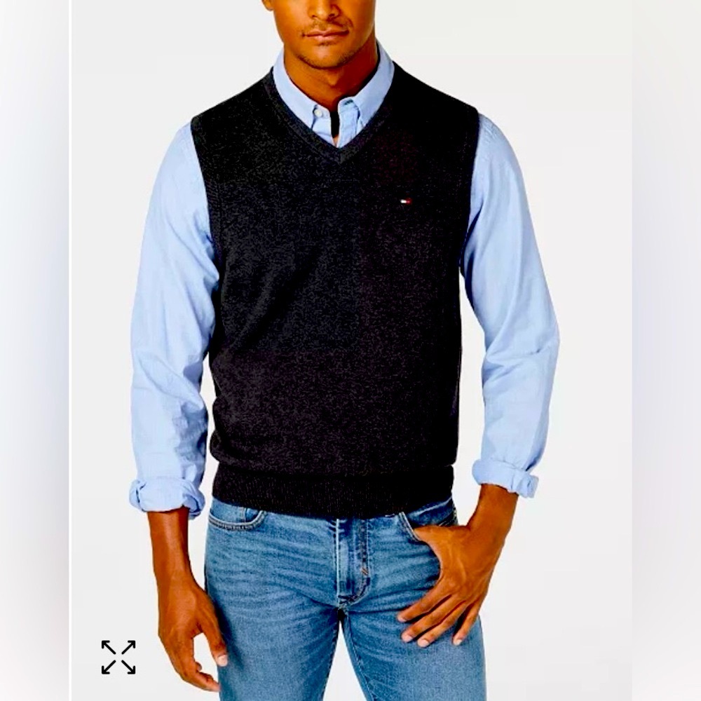 Tommy Hilfiger Men's V-Neck Cotton Sweater Vest Sleeveless Black Size XL